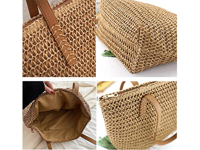 Einfache Strohtasche Trendy Weizenstroh Mädchen Handtasche Tragetasche Gefüttert Kinder Blumen Farbig