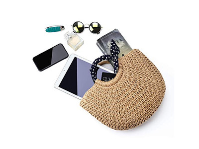 Strohtasche mit Leder Taschen Urlaub Strand Clutch Handtaschen