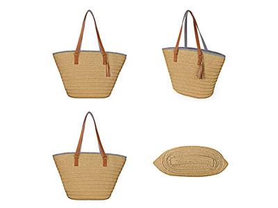 Damen Strohhandtasche Weizen Strandtasche Frau Gewebte Damen Boho Taschen Holzgriff