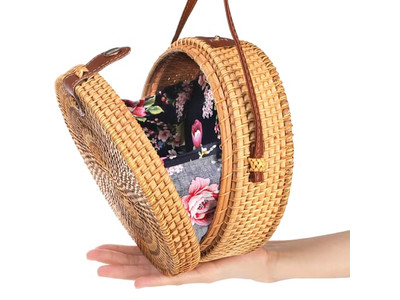 Gewebte Papierstrohtasche Schwarze Runde Taschen aus Natürlichem Bali-Rattan Individuelles Logo